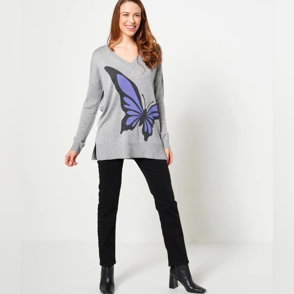 Laurie Felt | Gray V Neck Butterfly Cashmere Blend Sweater Size Large - Picture 1 of 11